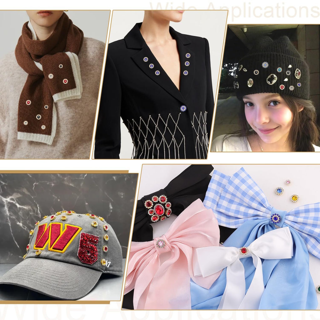 Collage of lifestyle images showing sew-on rhinestones applied to various items like a scarf, jacket, hat, and bows.