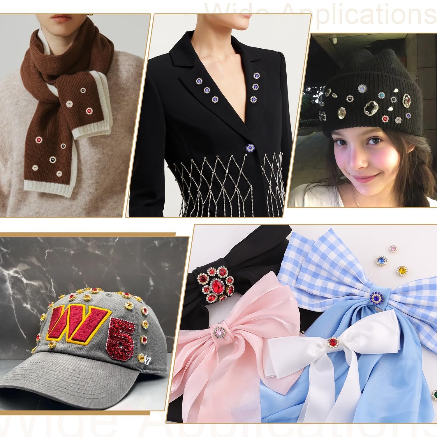 Collage of lifestyle images showing sew-on rhinestones applied to various items like a scarf, jacket, hat, and bows.