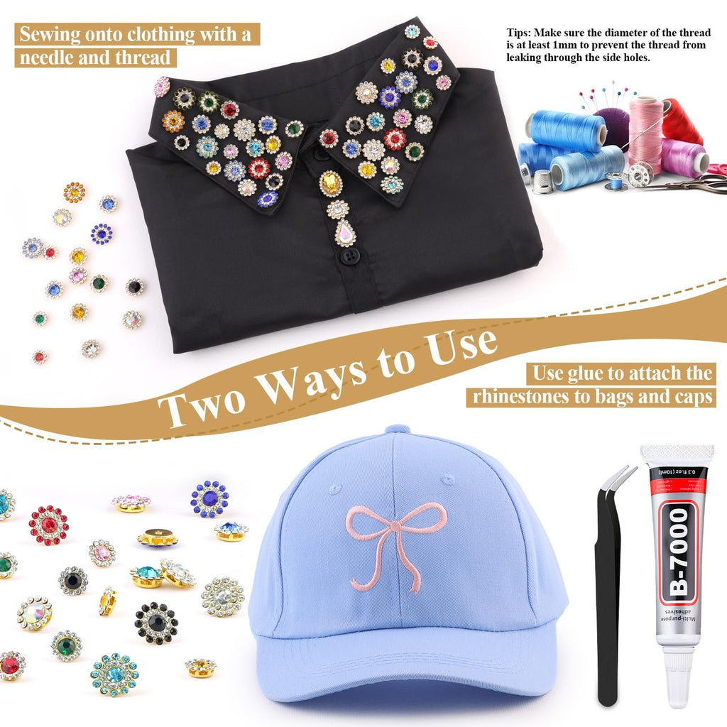 Assorted colorful sew-on rhinestones displayed with a black shirt collar, blue cap, tweezers, and adhesive tube.