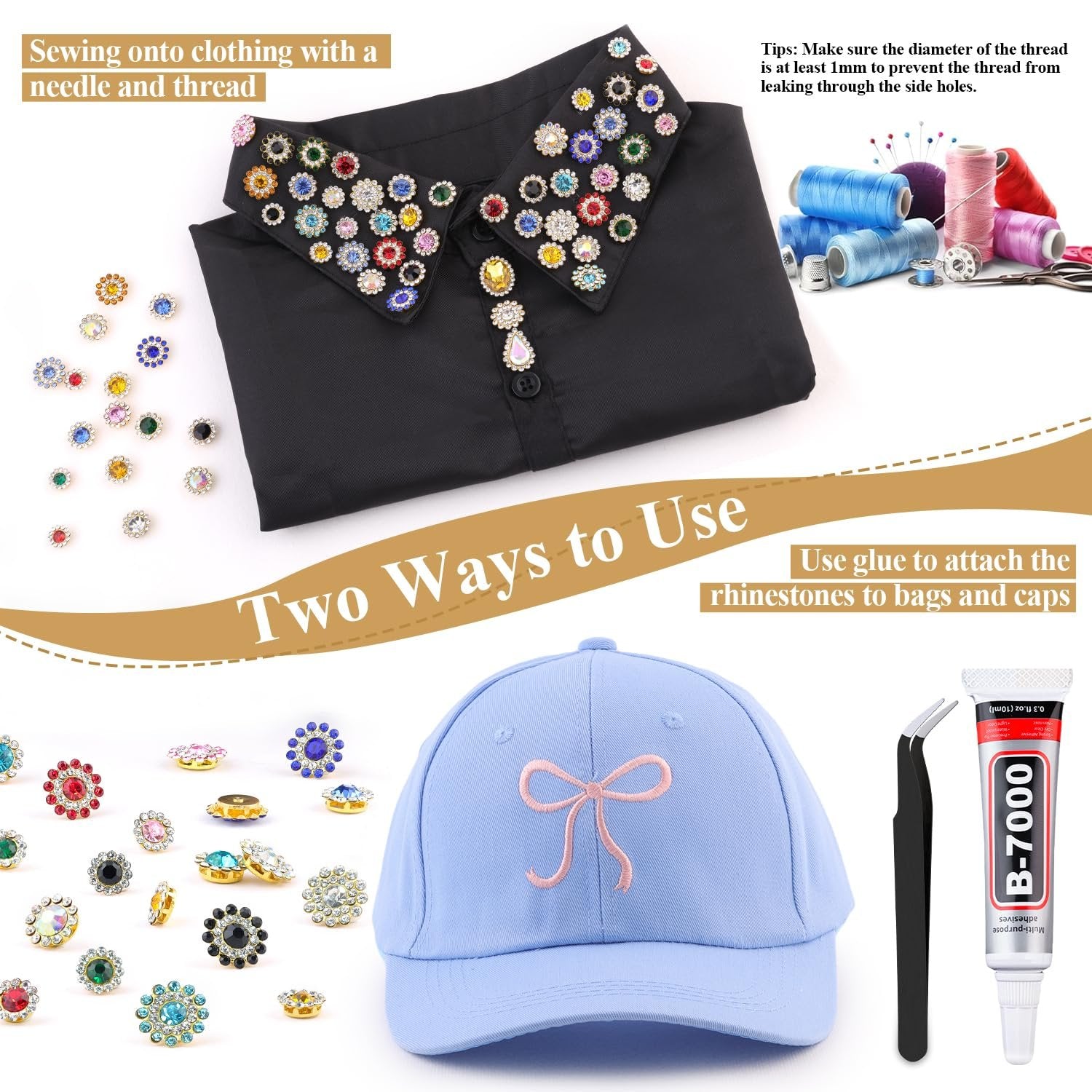 Assorted colorful sew-on rhinestones displayed with a black shirt collar, blue cap, tweezers, and adhesive tube.