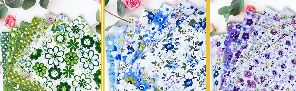 Fabric squares with floral and polka dot patterns in green, blue, and purple, fanned out with decorative roses and eucalyptus leaves.