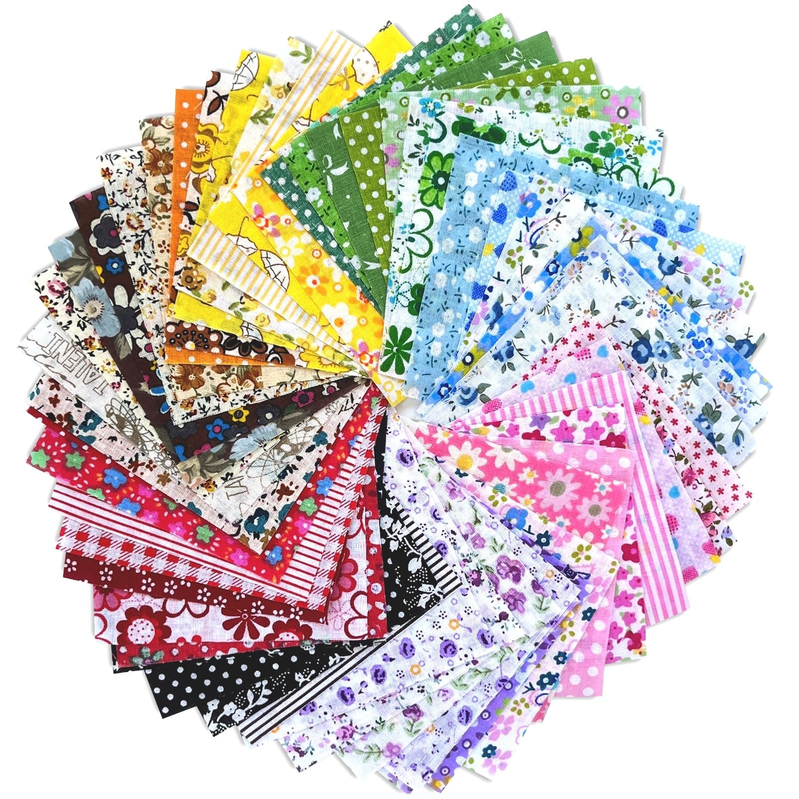Fan arrangement of 150 pre-cut cotton fabric squares with multicolored abstract floral and polka dot patterns.