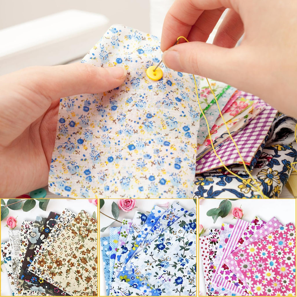 Hands sewing a yellow button onto a floral fabric square, with stacks of fabric squares visible.