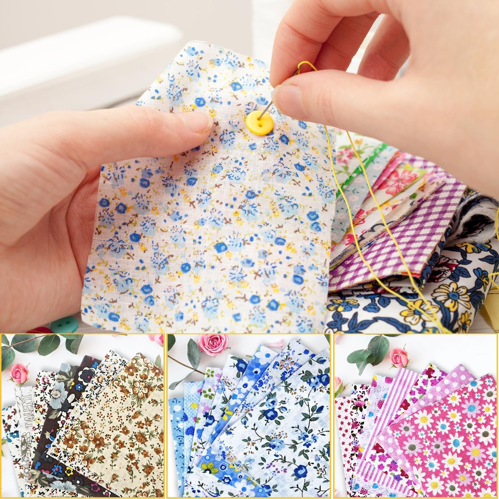 Hands sewing a yellow button onto a floral fabric square, with stacks of fabric squares visible.