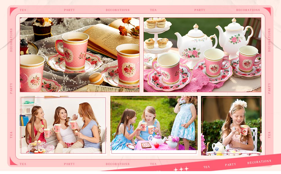Collage of floral tea party set items and people enjoying tea parties.