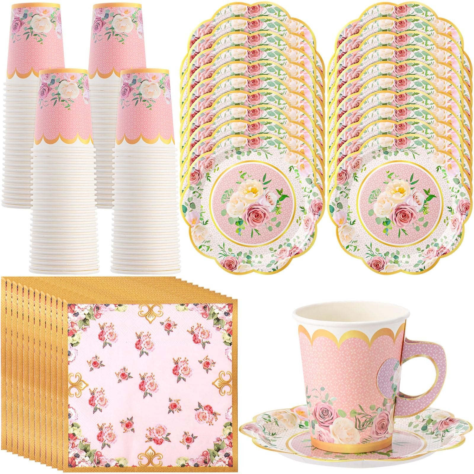Floral tea party set including stacked paper cups, plates, saucers, and napkins, with one cup and saucer shown assembled.