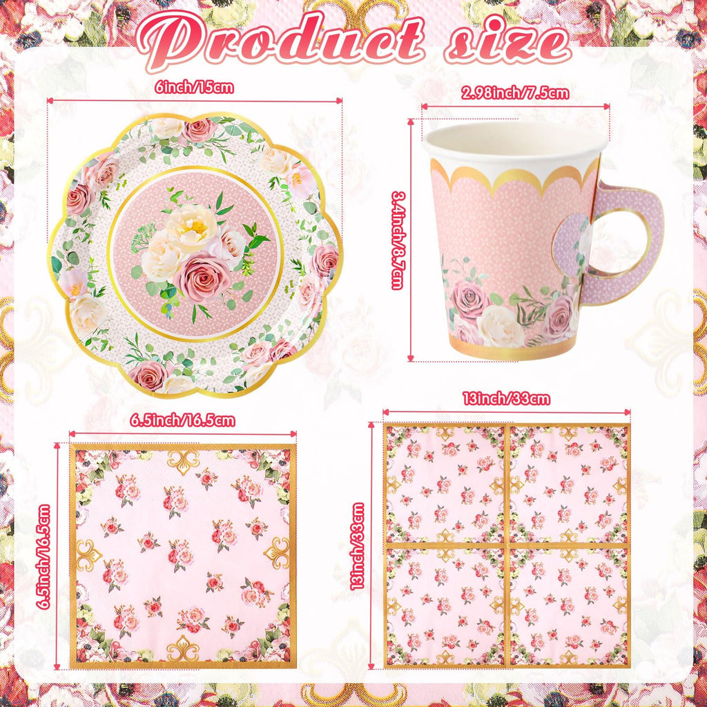 Floral tea party paper plates, cups, and napkins with size dimensions shown.