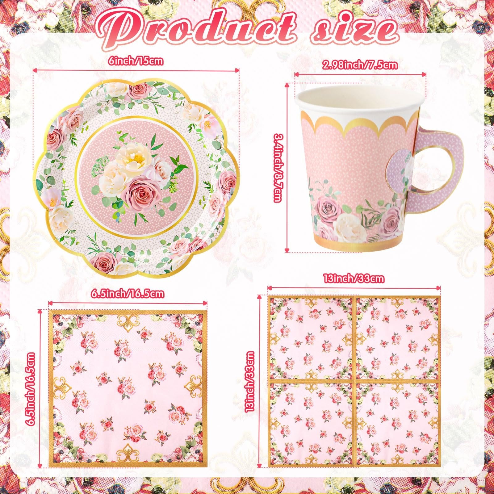 Floral tea party paper plates, cups, and napkins with size dimensions shown.