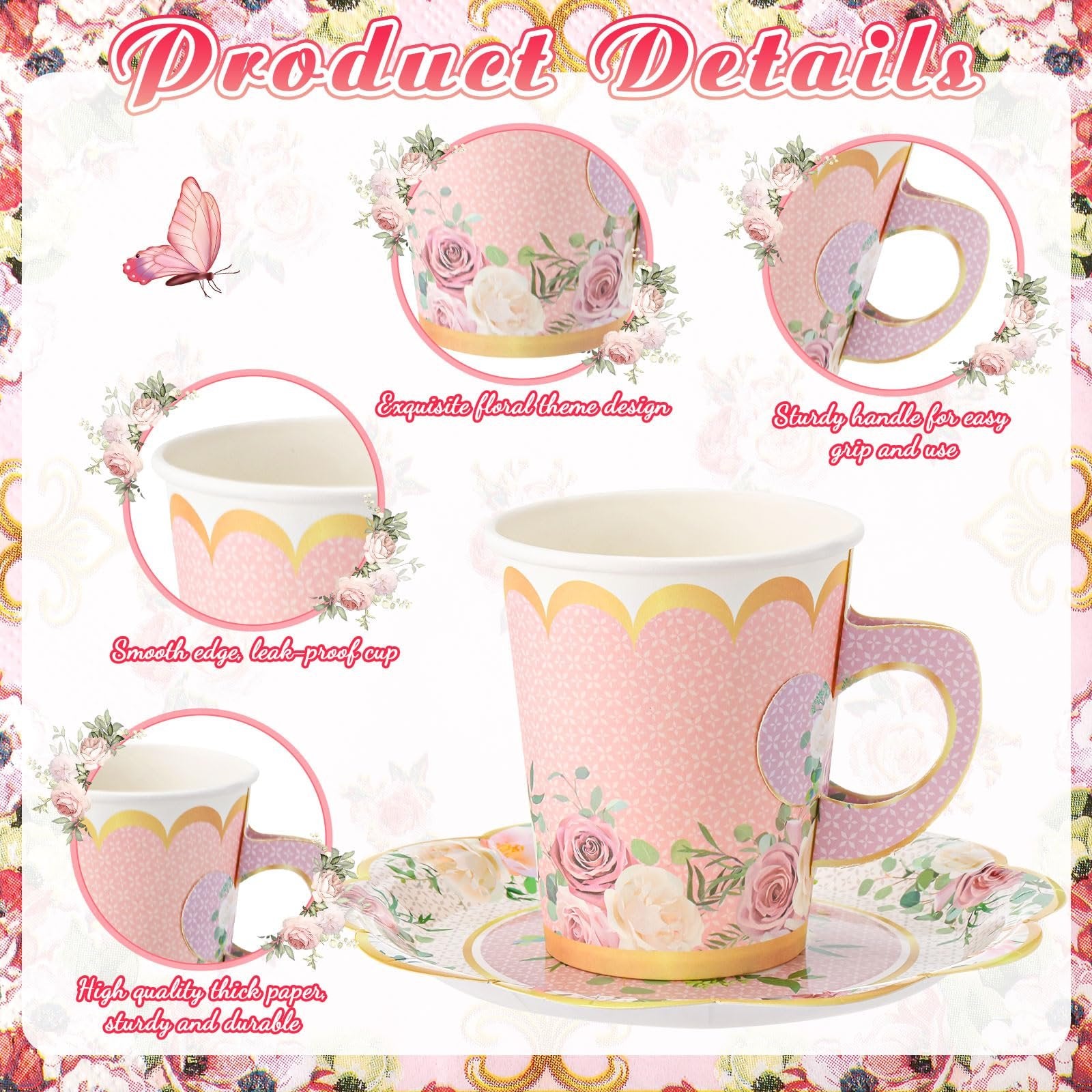 Floral patterned disposable paper tea cup and saucer set with detailed close-ups of design and handle.