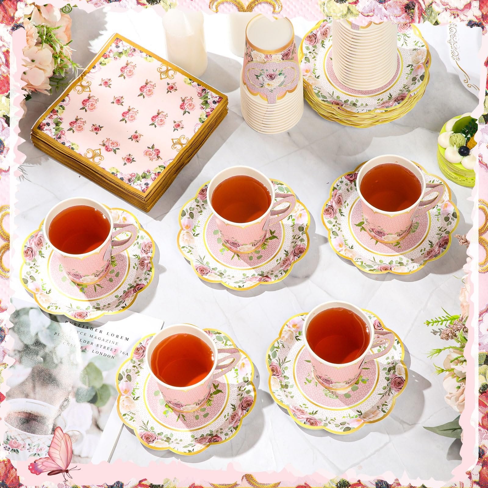 Floral tea party set with cups, saucers, and napkins arranged on a table, with a small cake in the background.