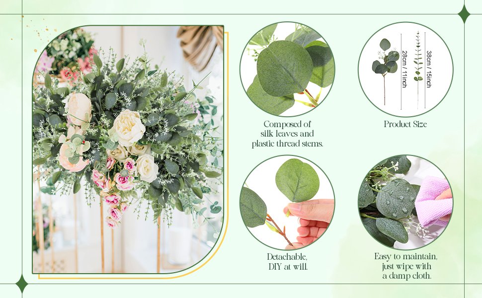 Artificial eucalyptus stems and flowers arranged in a bouquet, with close-ups showing leaf detail, size, and maintenance.