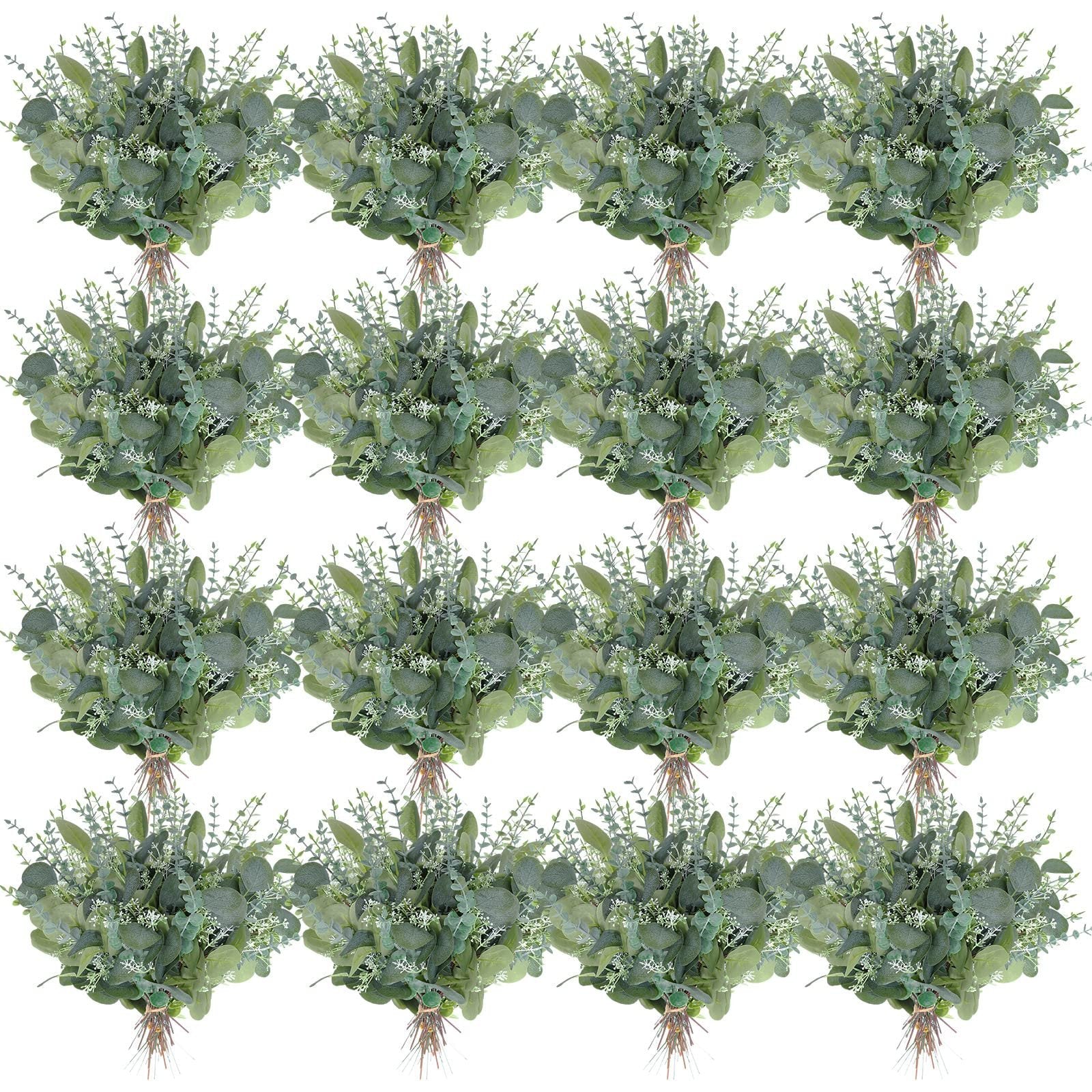 Arrangement of artificial eucalyptus stems with green leaves and white seed branches on a white background.