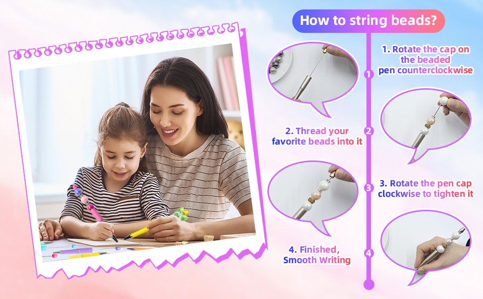Mother and daughter crafting beadable pens, with step-by-step instructions on how to string beads onto the pens.