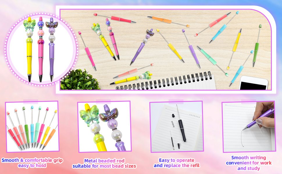 Collection of colorful beadable pens with butterfly charms, shown in various arrangements and close-ups of their features and use.