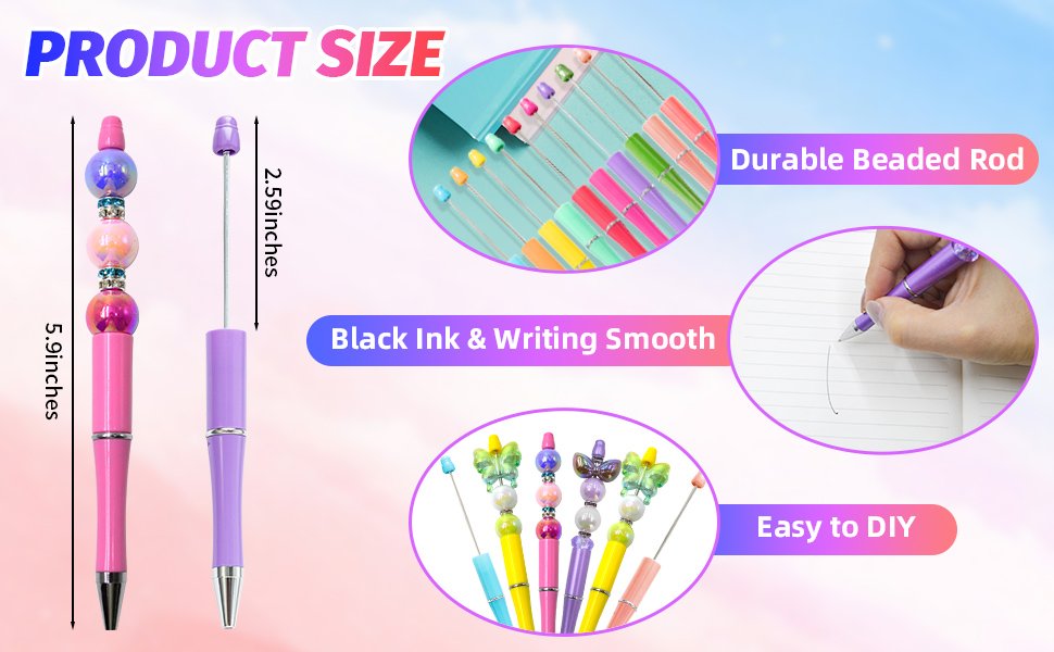 Two DIY beadable pens shown with dimensions, plus close-ups of pen parts and writing.