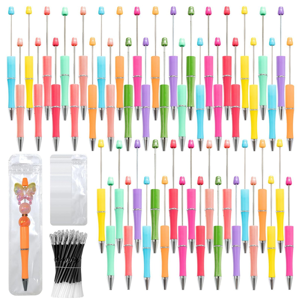Assortment of colorful DIY beadable pens and black ink refill cartridges, with one pen featuring a butterfly charm.