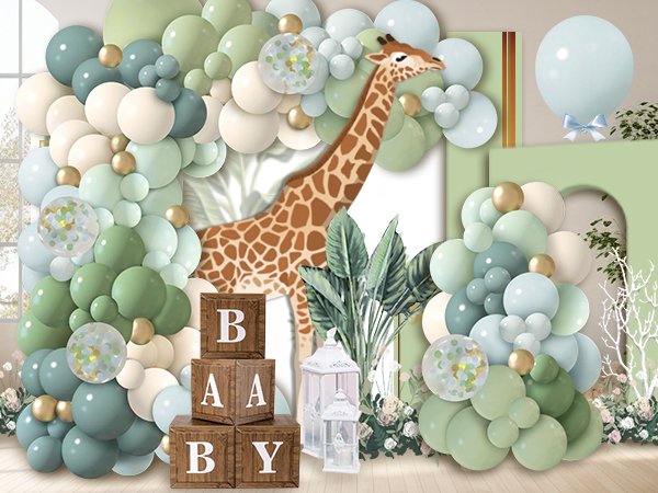 Dusty blue, green, and cream balloon garland arch with gold accents and a giraffe cutout, featuring wooden blocks spelling BABY.