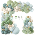 Dusty blue, green, and cream balloon garland arch kit with gold confetti balloons and balloon tape