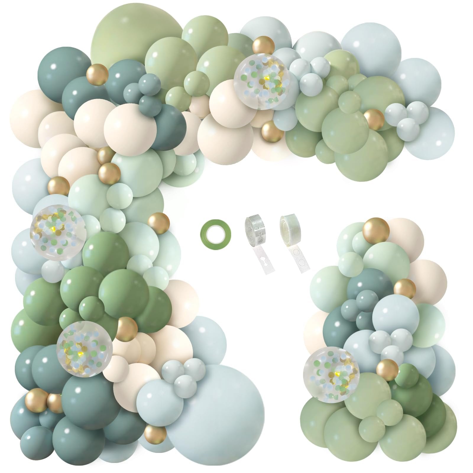 Dusty blue, green, and cream balloon garland arch kit with gold confetti balloons and balloon tape