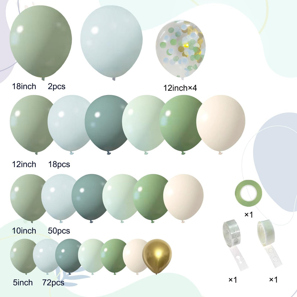 Dusty blue, green, and gold confetti balloons with balloon tape and glue dots, organized by size.