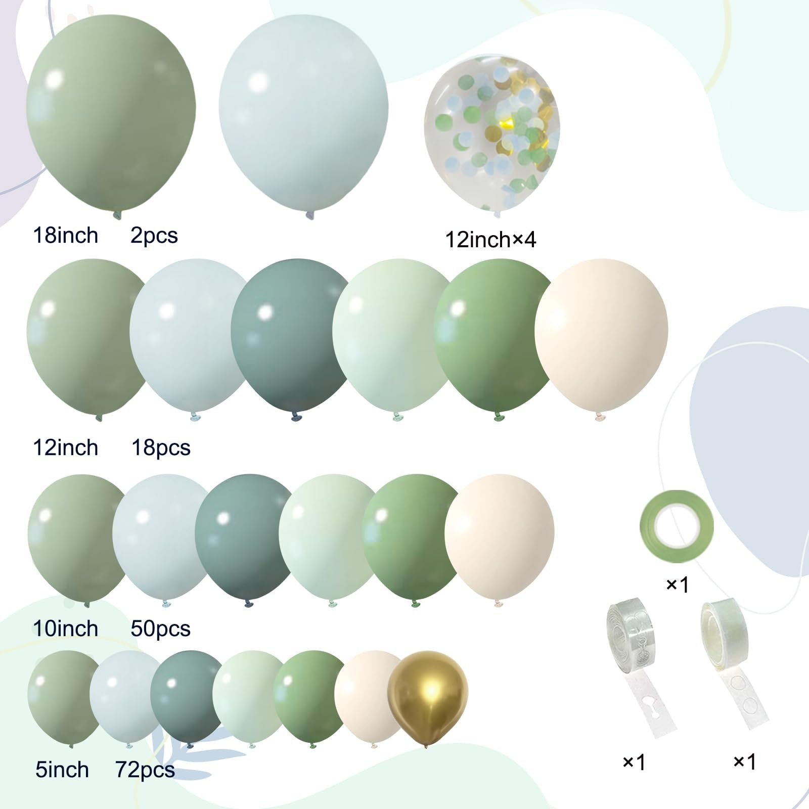 Dusty blue, green, and gold confetti balloons with balloon tape and glue dots, organized by size.