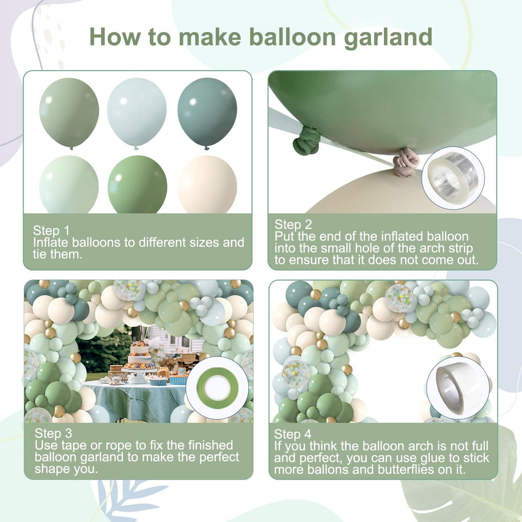 Instructions for making a balloon garland with four steps shown in panels, including inflating balloons, attaching them to a strip, and fixing the finished garland.