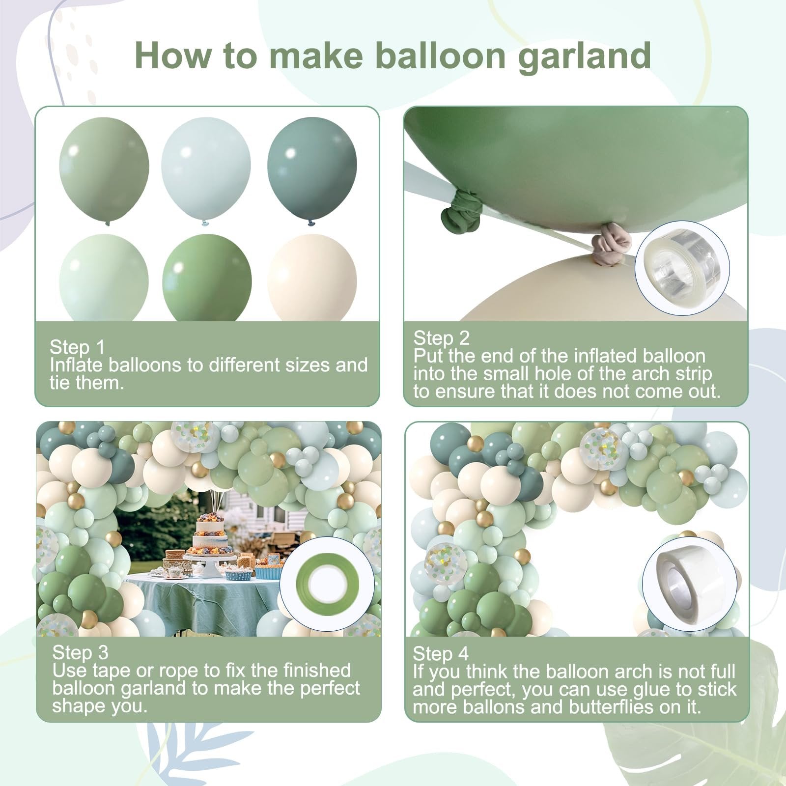 Instructions for making a balloon garland with four steps shown in panels, including inflating balloons, attaching them to a strip, and fixing the finished garland.