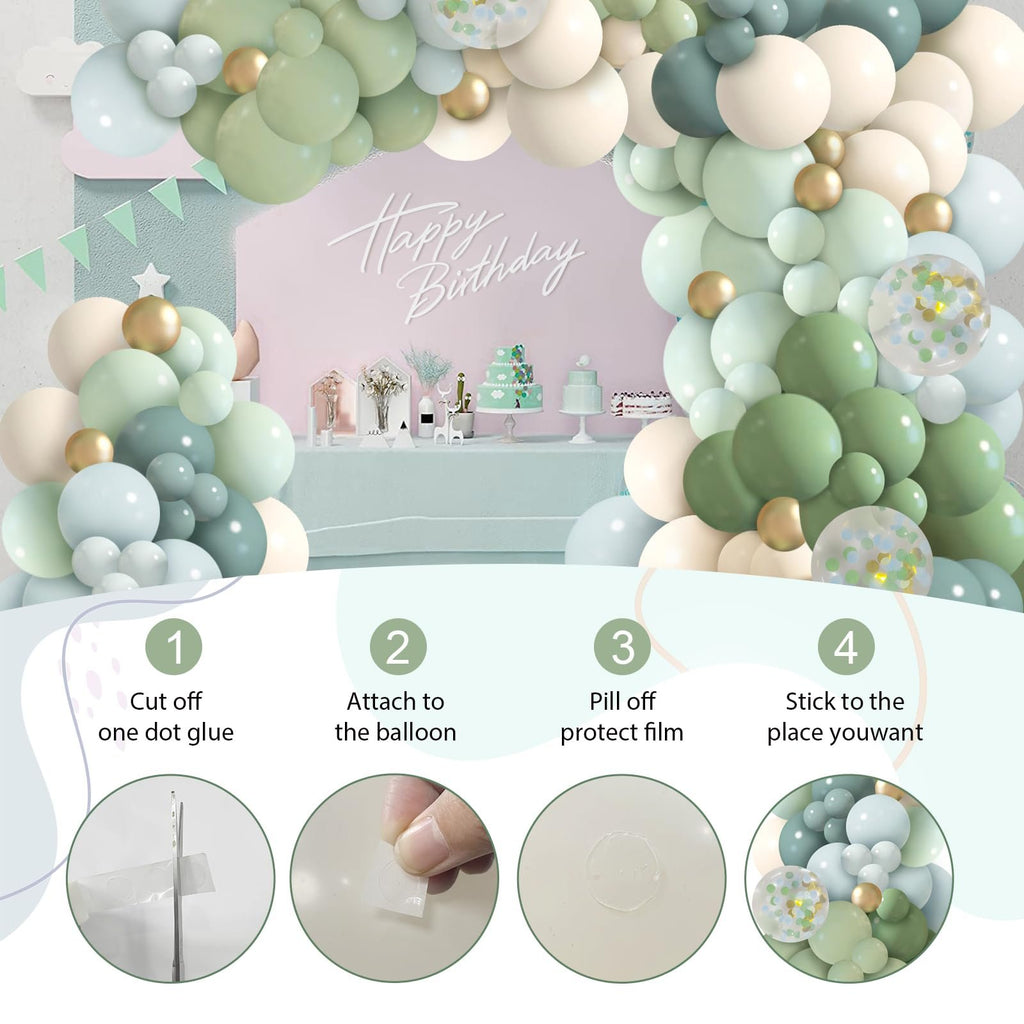 Dusty blue, green, and gold balloon garland arch with 'Happy Birthday' text and four-step assembly instructions.