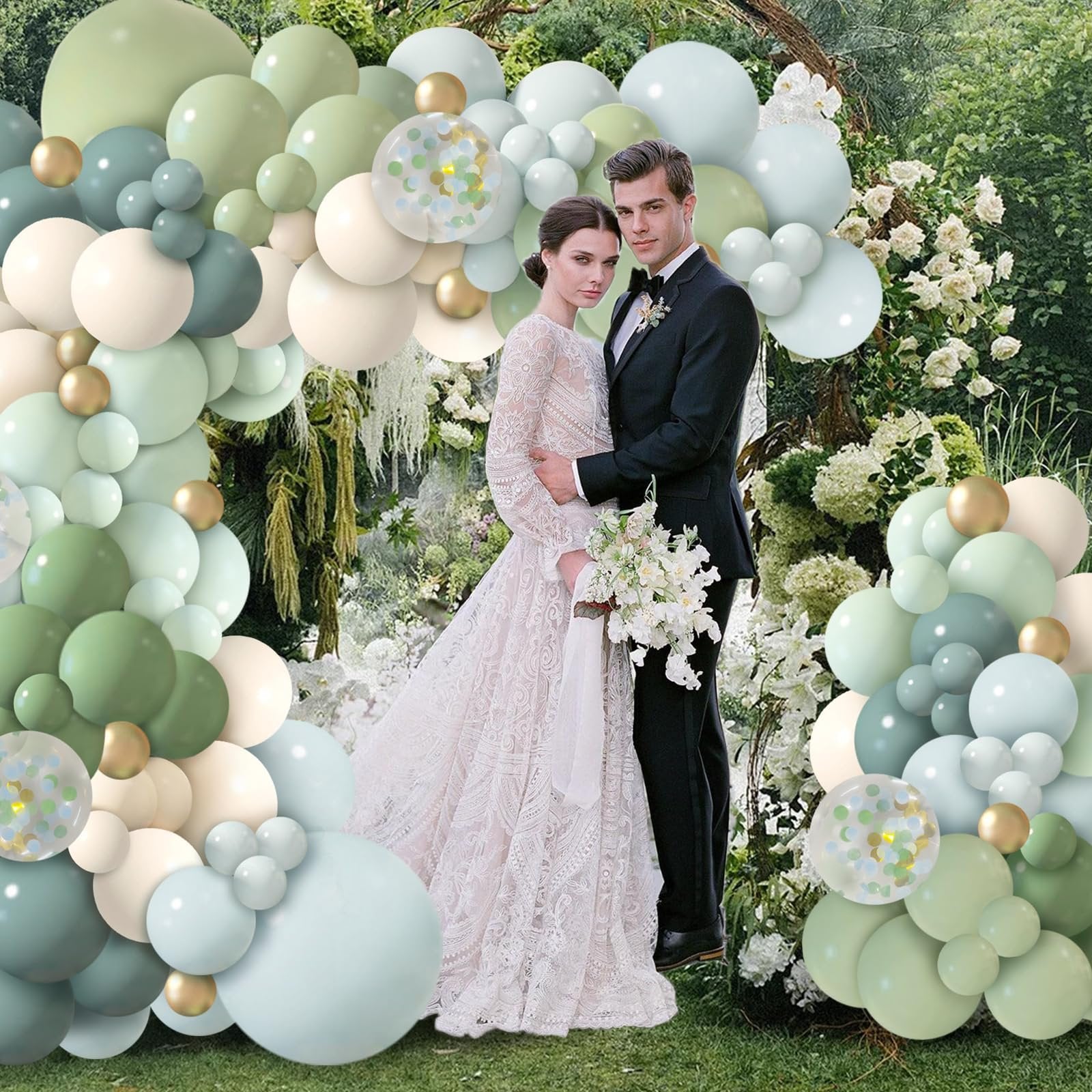 Bride and groom in wedding attire posing in front of a balloon arch and floral backdrop
