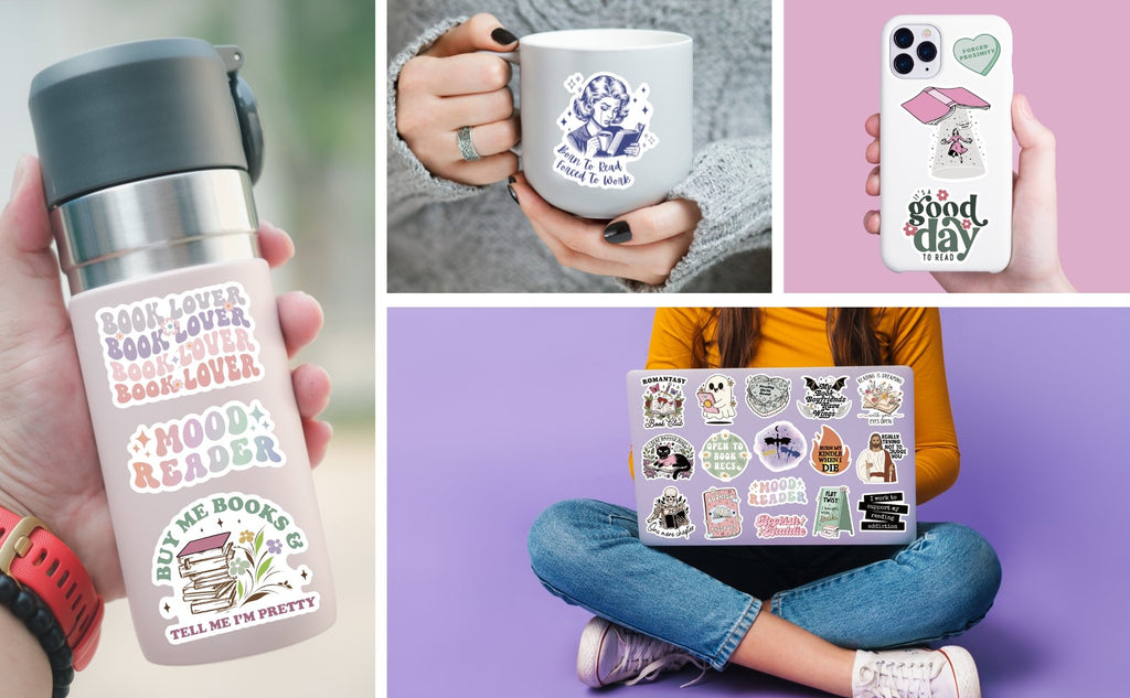 Collage of holographic romance book stickers applied to various items like a water bottle, mug, phone, and laptop.