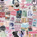Collage of various book-themed stickers with illustrations of skeletons reading, books, castles, and reading-related quotes.