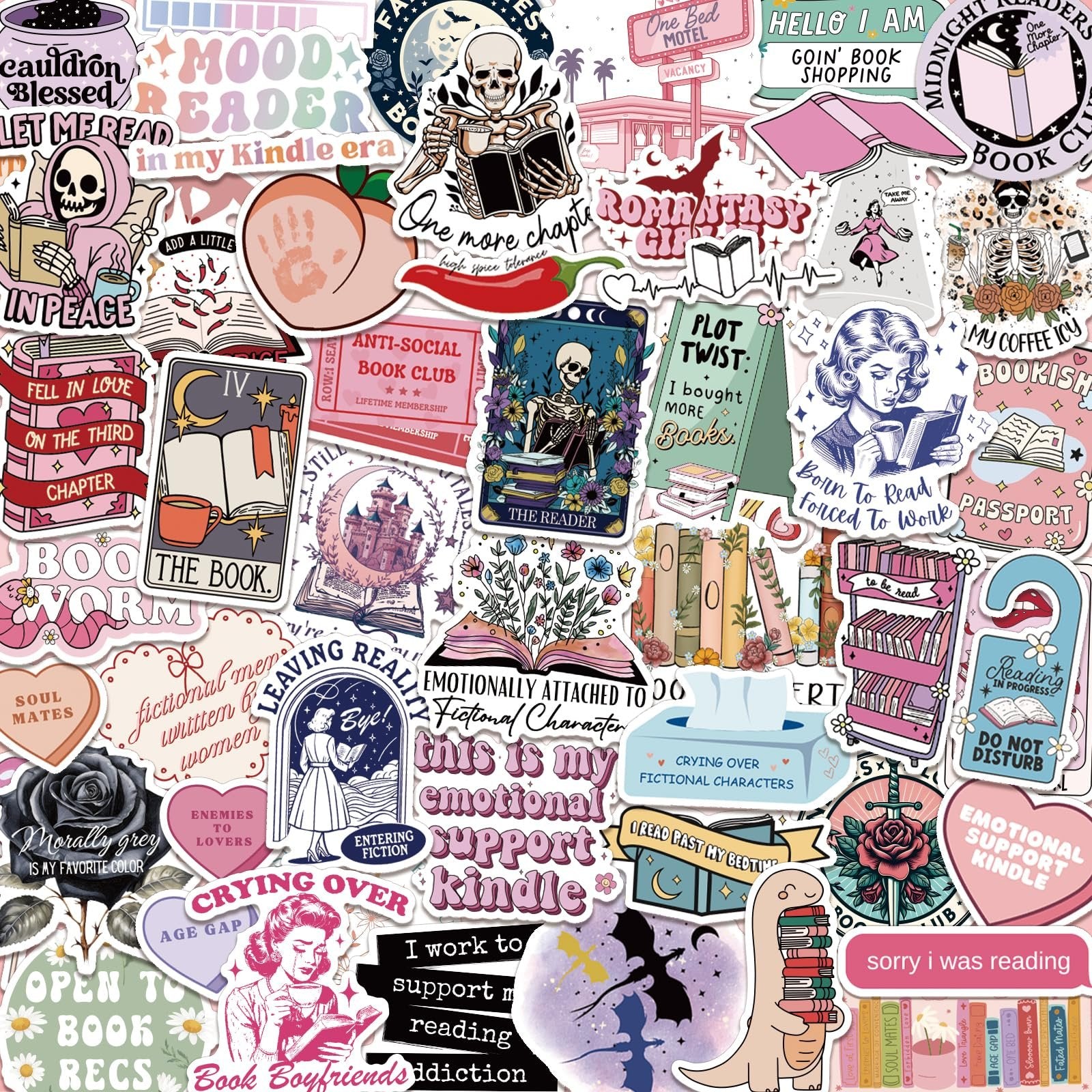 Collage of various book-themed stickers with illustrations of skeletons reading, books, castles, and reading-related quotes.