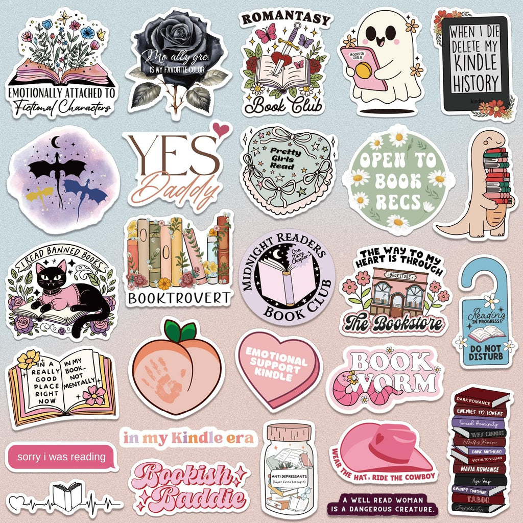 Collage of 25 book-themed stickers with various designs and text, including dragons, a black cat, a ghost, a dinosaur, and book stacks.