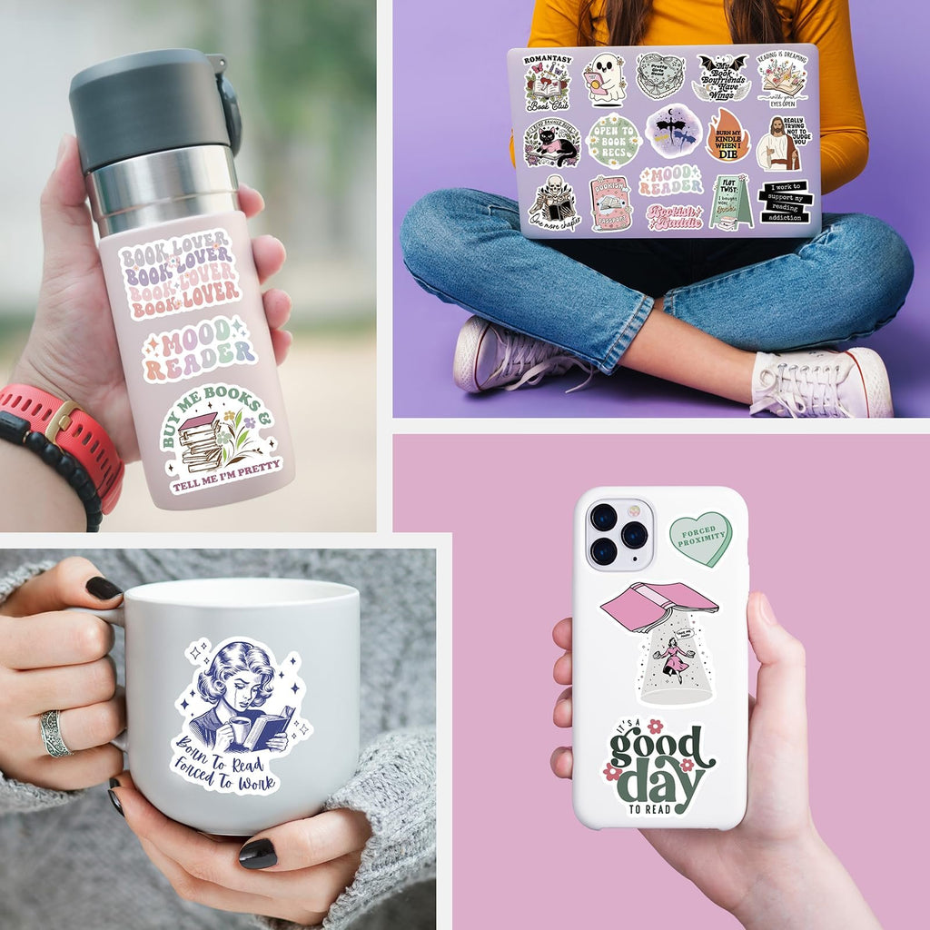 Collage of book-themed stickers applied to a water bottle, laptop, mug, and phone case.