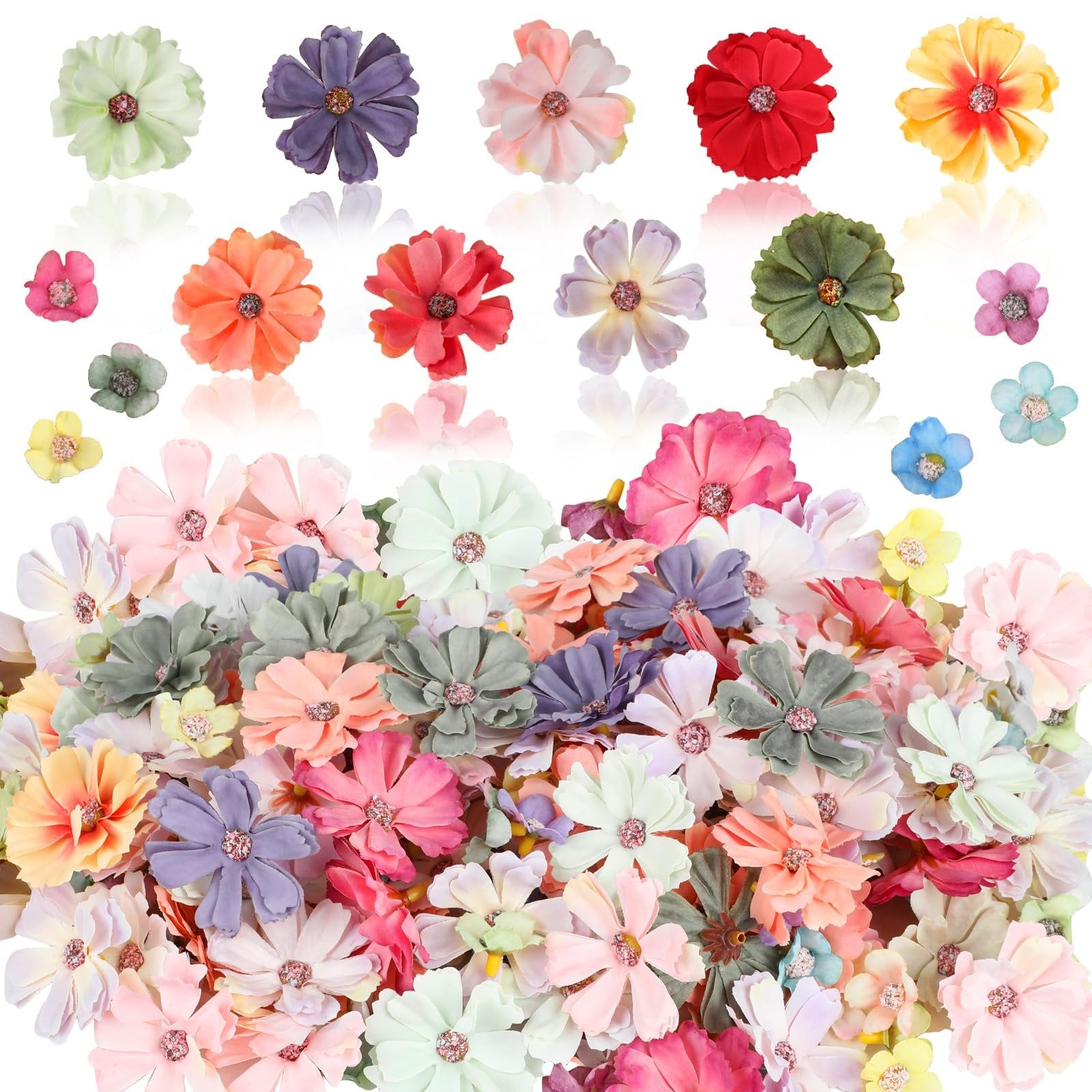 Assortment of 150 faux fabric craft flowers in mixed pastel colors, daisies and peonies, 1.57 and 0.78 inches.