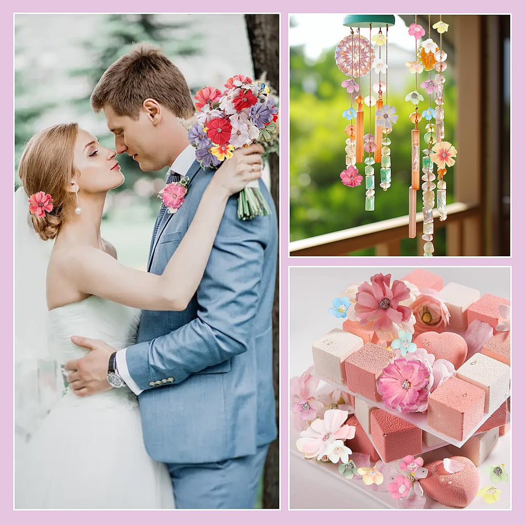 Collage of wedding couple, wind chime, and dessert decorated with faux flowers