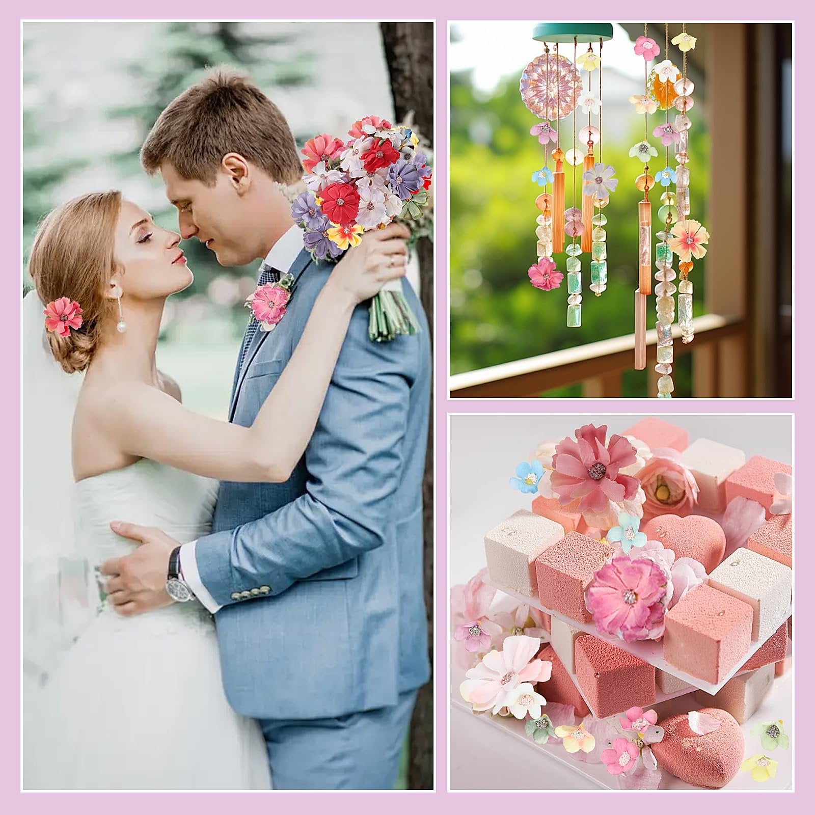 Collage of wedding couple, wind chime, and dessert decorated with faux flowers