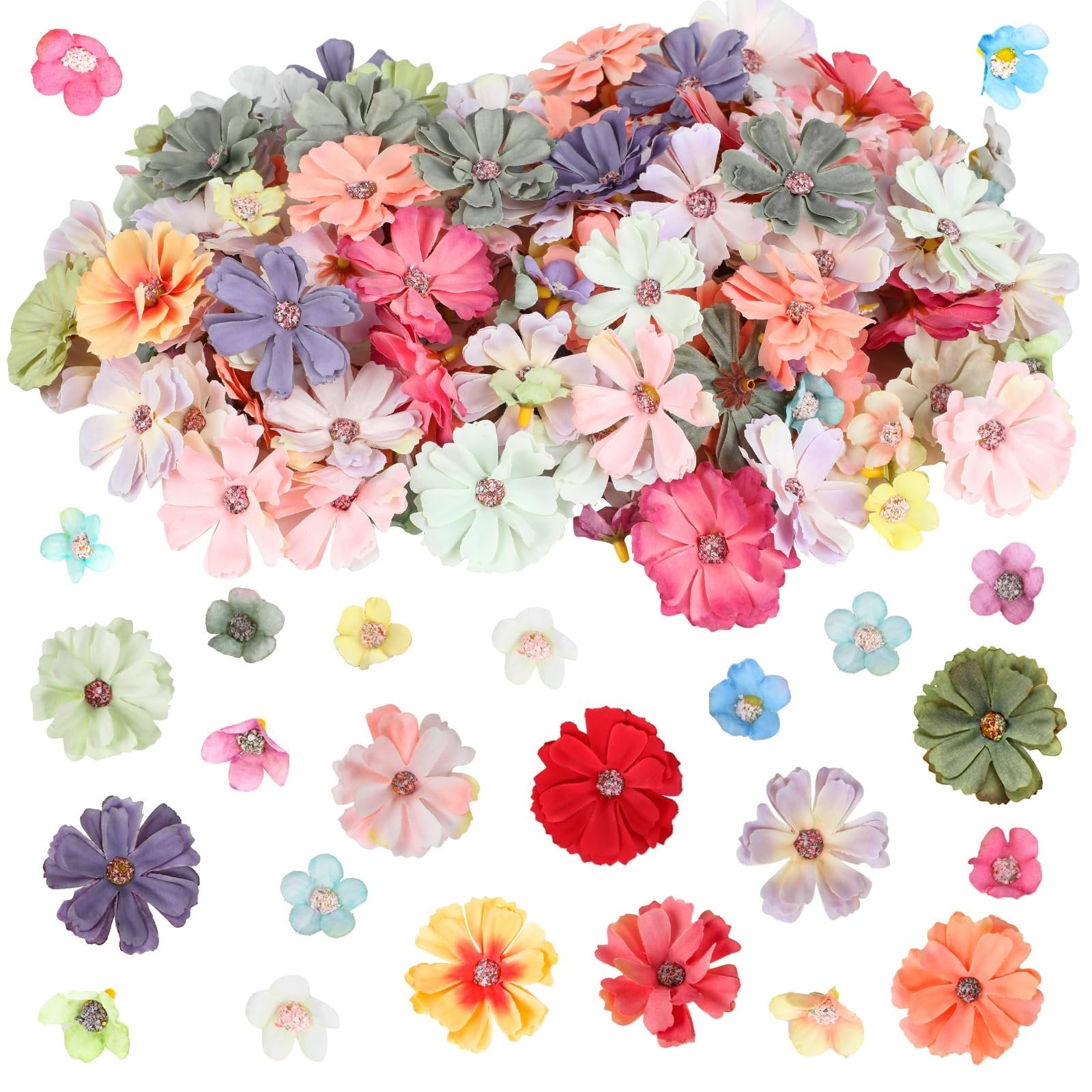 Assortment of 150 mini fabric craft flowers in mixed pastel colors, daisies and peonies, scattered on a white background.
