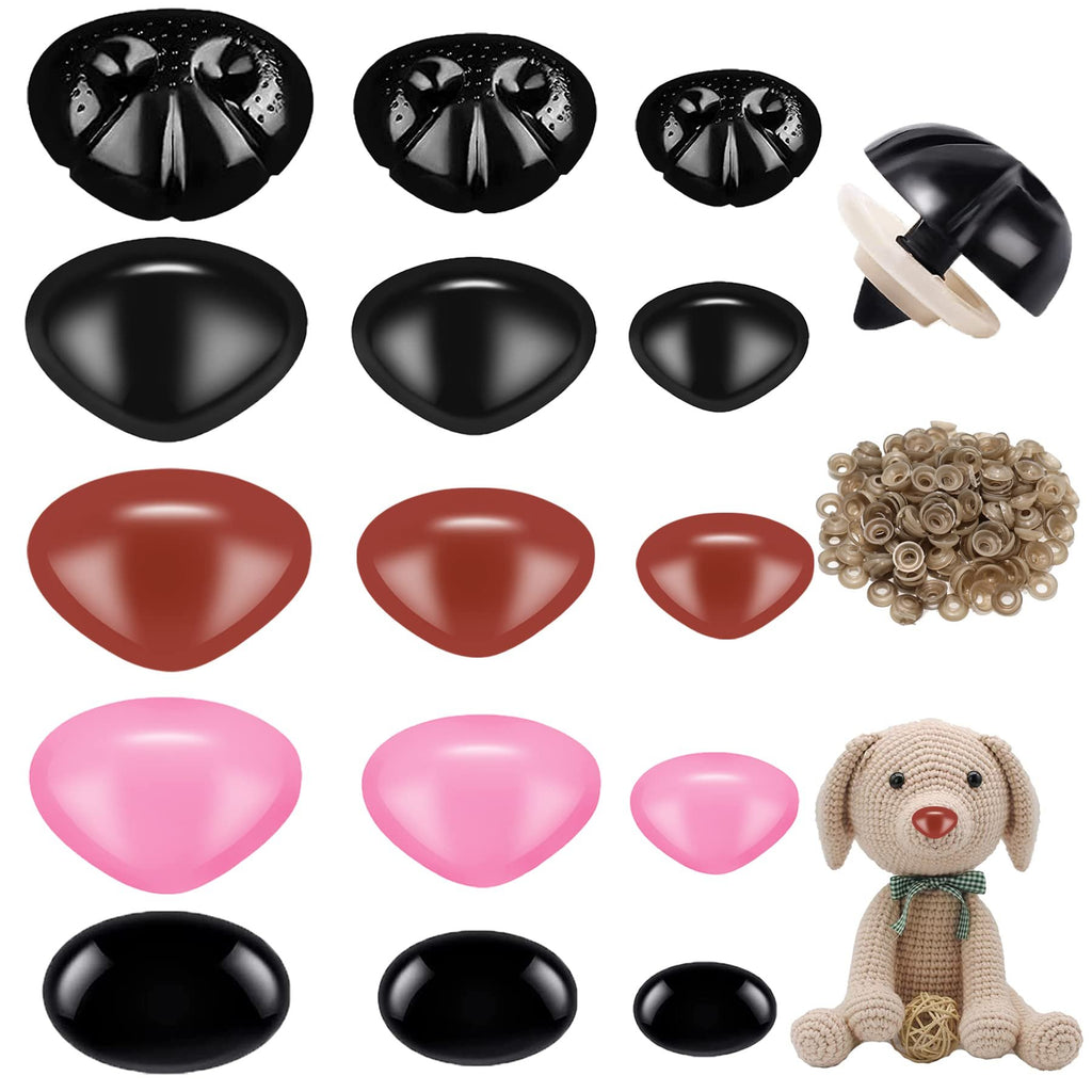 Assorted plastic safety noses in black, pink, and brown with washers, plus a crocheted dog toy.