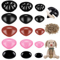 Assorted plastic safety noses in black, pink, and brown with washers, plus a crocheted dog toy.