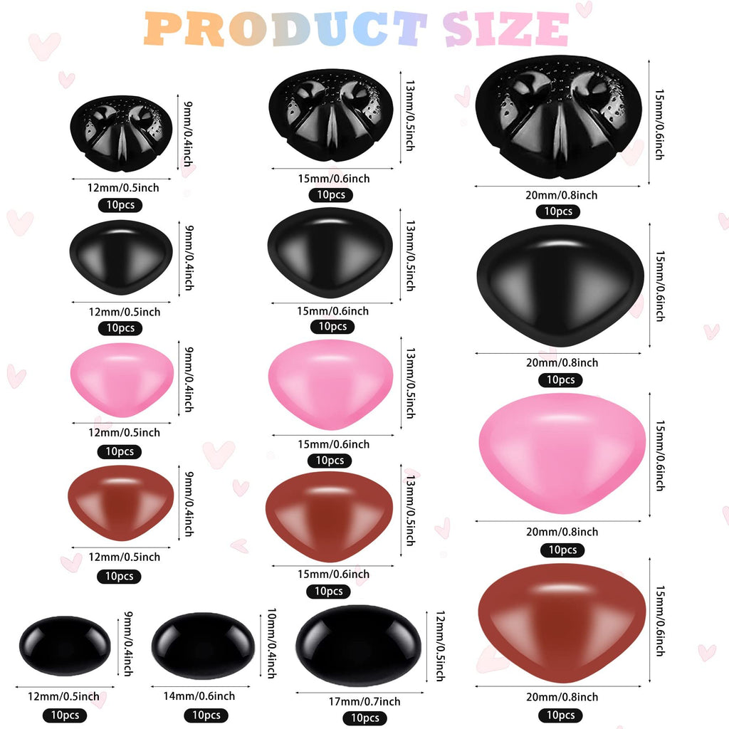 Various sizes and colors of plastic safety noses for crafts, including black, pink, and brown, with dimensions and quantity labels.