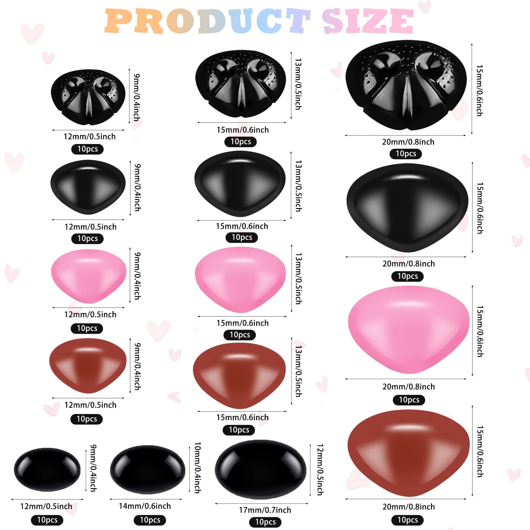 Various sizes and colors of plastic safety noses for crafts, including black, pink, and brown, with dimensions and quantity labels.