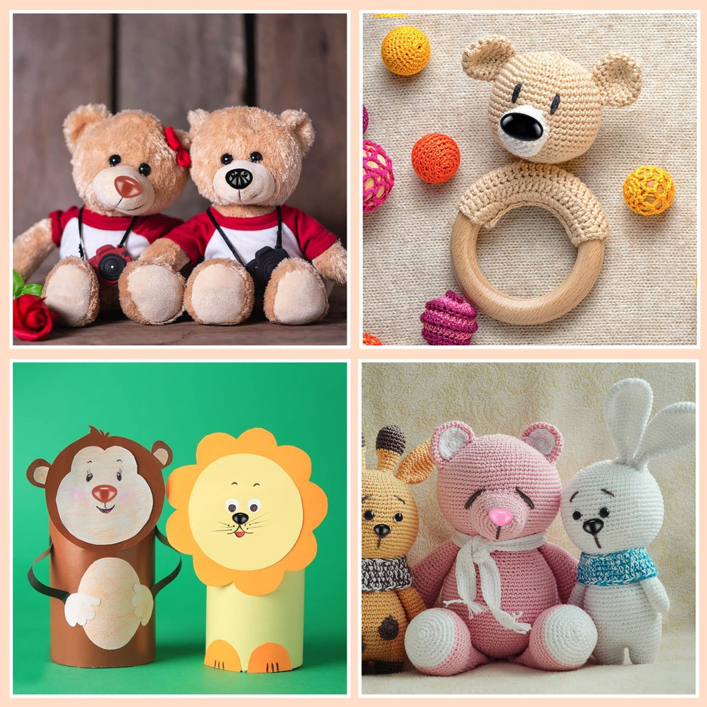 Collage of four images featuring handmade plush toys and crafts: two teddy bears with cameras, a crocheted bear rattle, paper tube animals, and a group of crocheted animals.