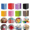 Collage of fabric squares and DIY sewing projects including owls, a doll, a sun, and a dog.