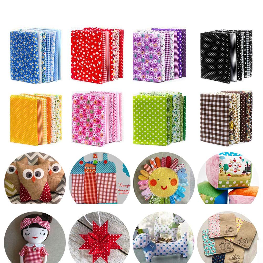 Collage of fabric squares and DIY sewing projects including owls, a doll, a sun, and a dog.
