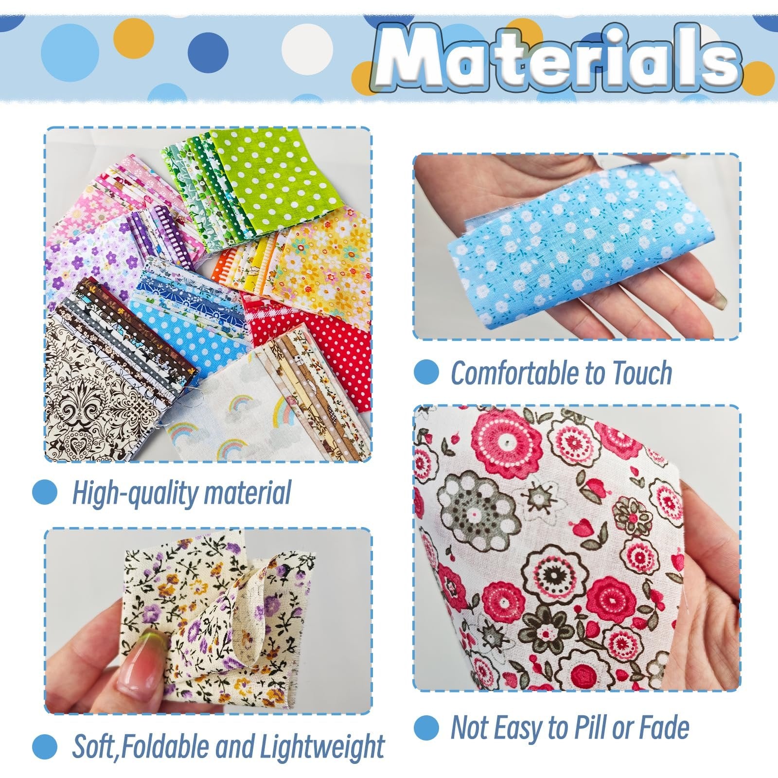 Collage of fabric squares showing various patterns including polka dots, floral, and abstract designs, with text callouts about material quality and feel.