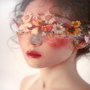 Close-up of a woman's face with dried flowers and makeup art covering her eyes and cheeks.
