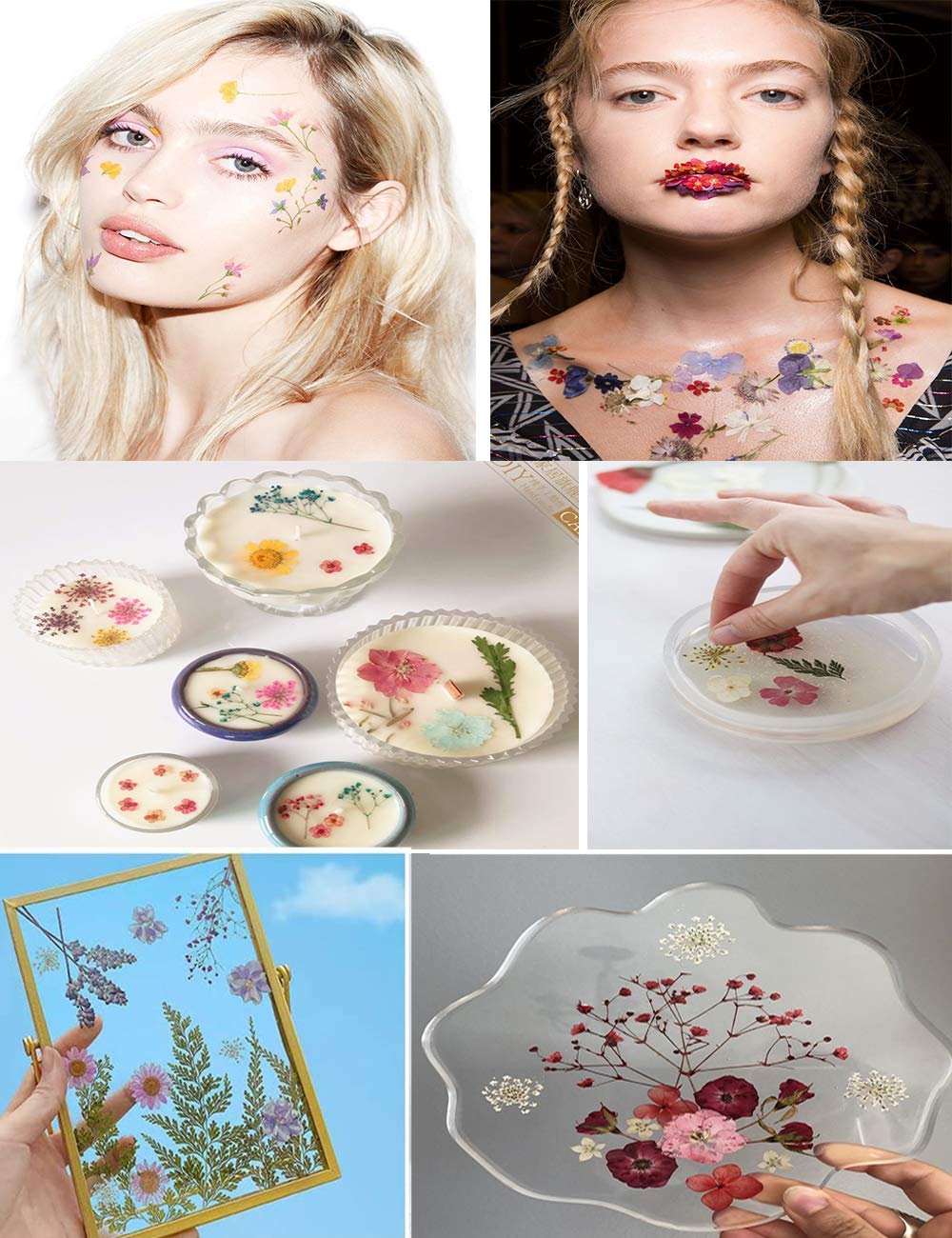 Collage of dried pressed flowers used for resin art, candles, and body decoration.