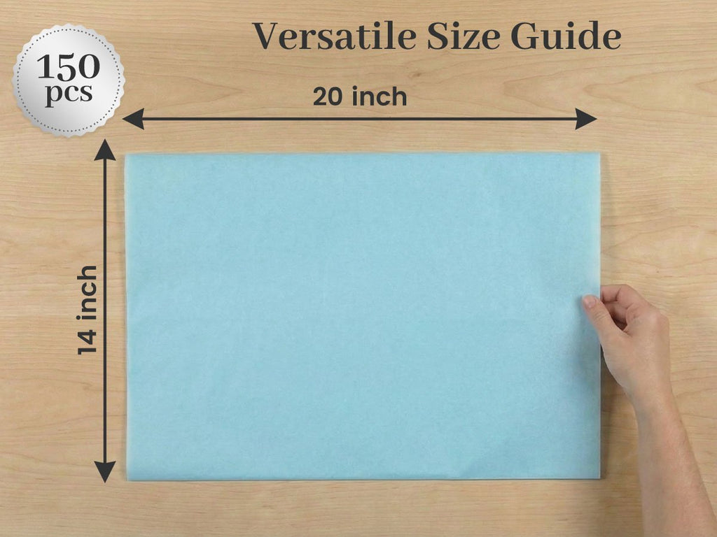Light blue tissue paper sheet shown with dimensions 14 inches by 20 inches, with a 150 pcs count badge.
