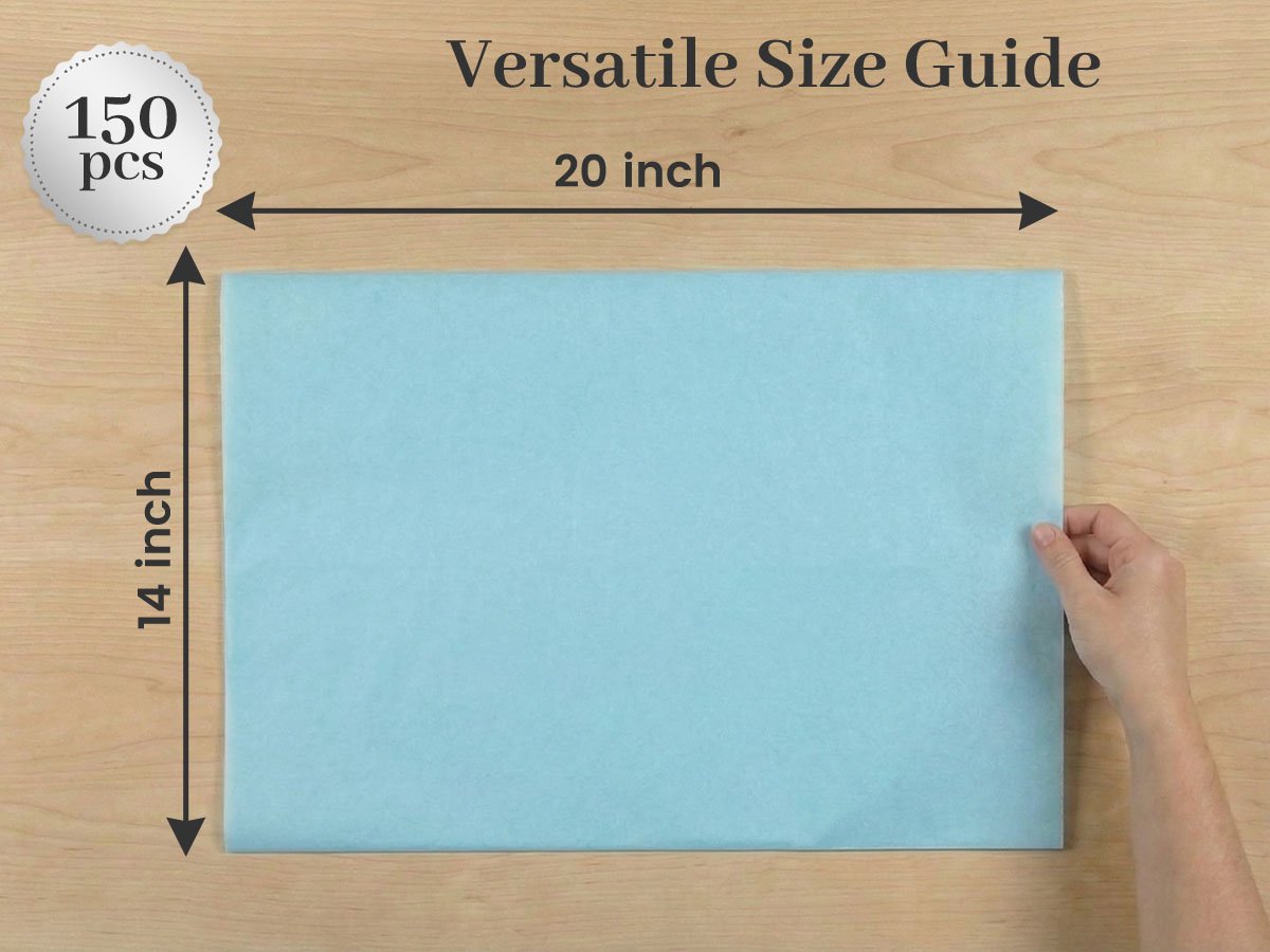 Light blue tissue paper sheet shown with dimensions 14 inches by 20 inches, with a 150 pcs count badge.